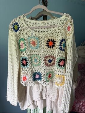 Debut Granny Square  Crochet Square-Accent Women’s Sweater hippie